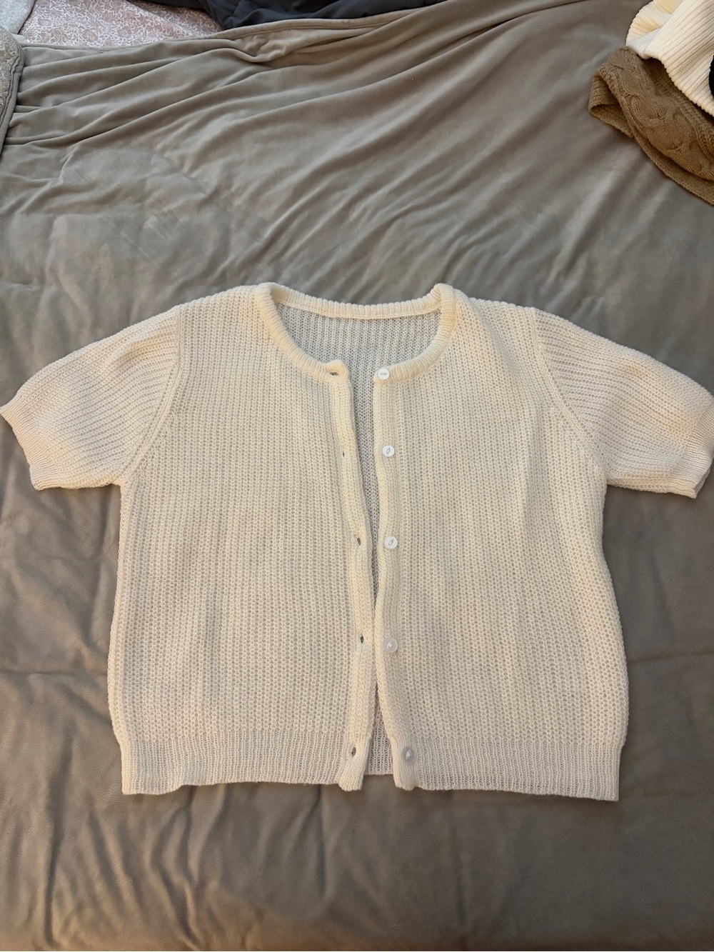 White Short-Sleeve Knit Cardigan Sweater